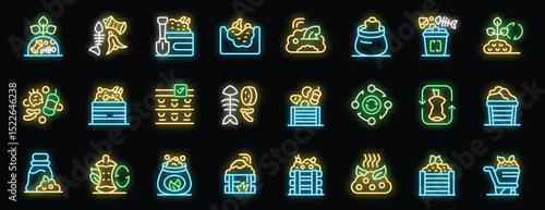 Compost icons set showing different stages of composting process, from collecting food waste to using organic fertilizer