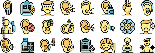 Icons depicting various ear problems, including infections, hearing loss, tinnitus, and treatments
