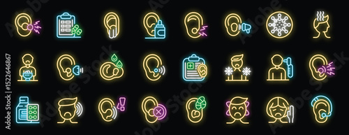 Neon icons representing various ear conditions, treatments, and diagnostic tools, highlighting the importance of ear health
