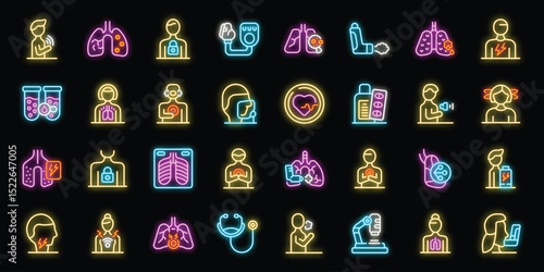 Neon icons representing various aspects of respiratory illness, from symptoms and diagnosis to treatment and patient care