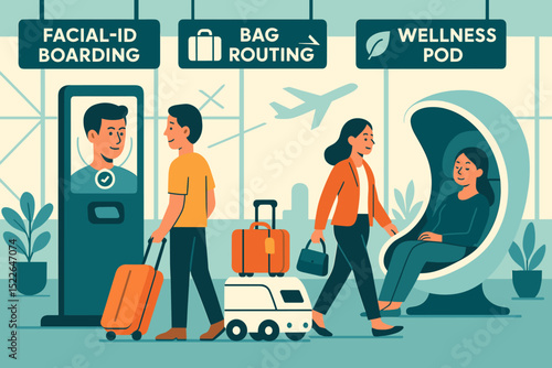 Facial recognition technology improves passenger experience at modern airport terminals with wellness options available