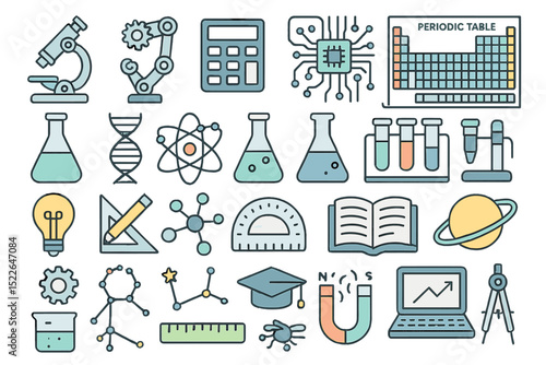 Colorful collection of science icons showcasing various fields in a creative layout perfect for educational themes
