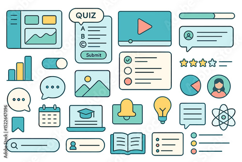 Diverse digital icons and symbols representing education, quizzes, media, and communication in a modern design layout