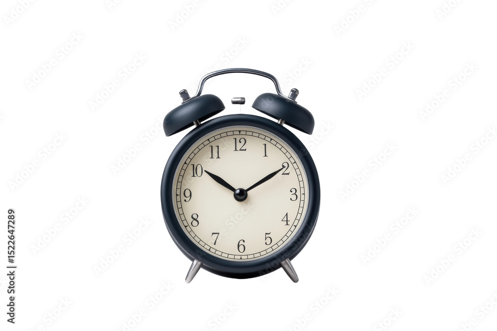 Classic black alarm clock with white face on black background, cut out Classic black alarm clock with white face on black background, cut out