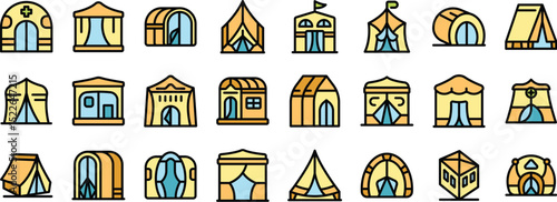 Camping tent icon set. Outdoor tent icons representing different types of camping shelters, including teepees, yurts, and cabin tents