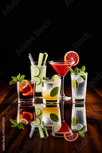 Refreshing summer cocktails displayed on a wooden surface with mint and fresh fruit garnishes