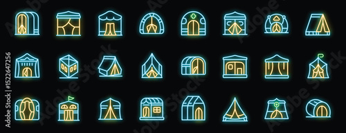 Camping tent neon icon set, collection of bright glowing tent symbols for tourism and travel