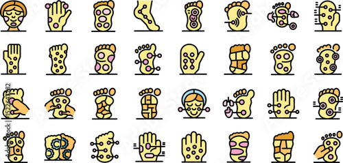 Reflexology icons set featuring foot massage, acupressure points, and hand treatments for healing and relaxation