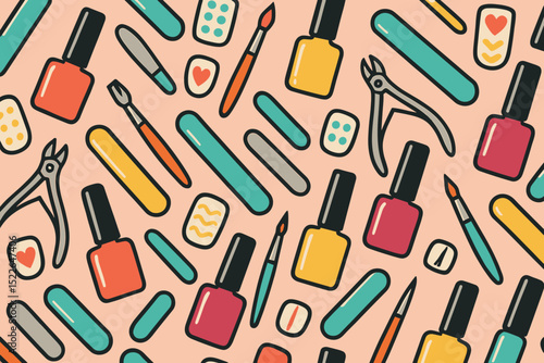 Colorful collection of nail art tools and products arranged on a playful background for creative manicure designs