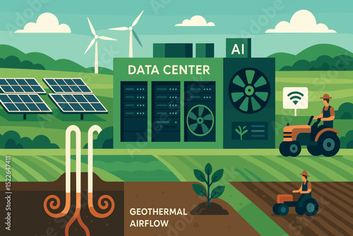 Data center powered by renewable energy with geothermal airflow in an agricultural landscape