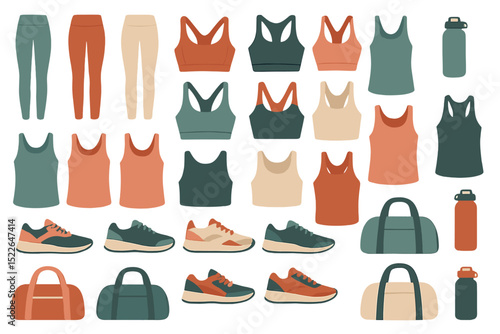 Variety of athletic clothing and accessories displayed in an organized layout for fitness enthusiasts and active wear shopping