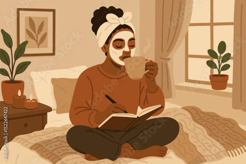 Relaxation time with herbal tea and skincare routine in a cozy bedroom