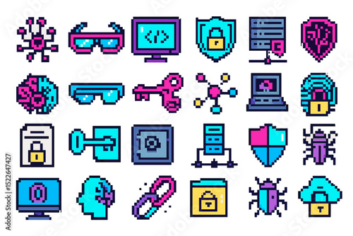 Digital security icons representing online safety, privacy protection, and cyber threats in a colorful pixel art style