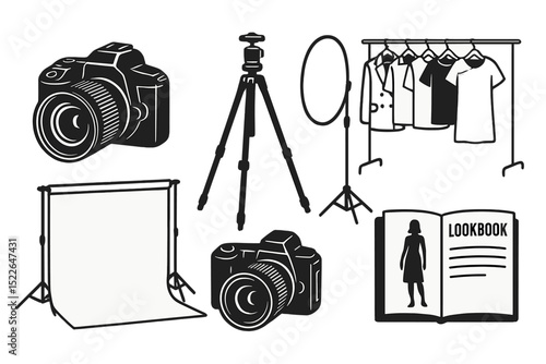 Camera equipment and fashion setup for a lookbook photoshoot in a studio environment
