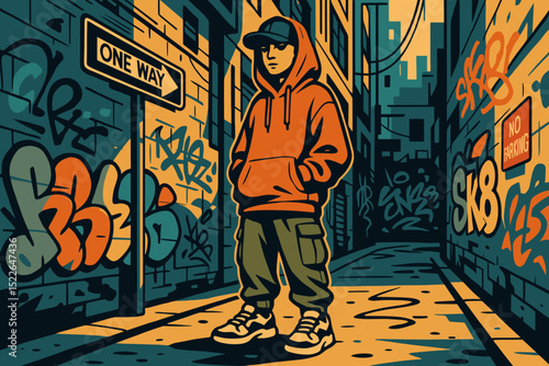 Youth in orange hoodie stands in vibrant urban alley with graffiti art during daylight