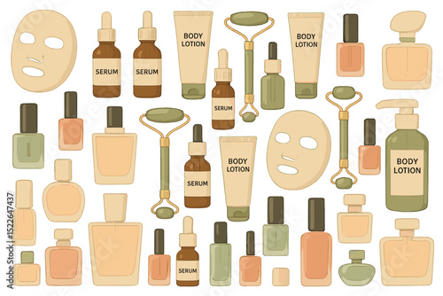 Skin care and beauty products displayed on a white background, showcasing various lotions, serums, and accessories for self-care routines