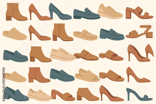 Collection of various stylish shoes displayed on a neutral background for a fashion showcase in a retail environment