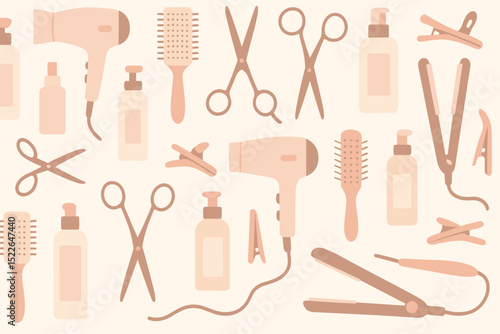 Hair styling tools including scissors, dryers, and styling products arranged in a creative layout