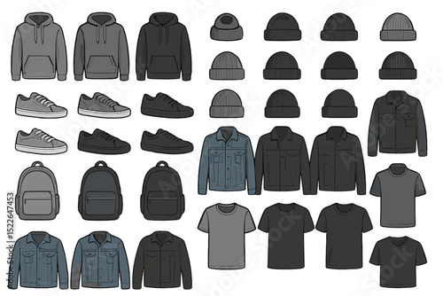Stylish casual wear collection featuring hoodies, beanies, sneakers, and shirts in various shades of black and gray