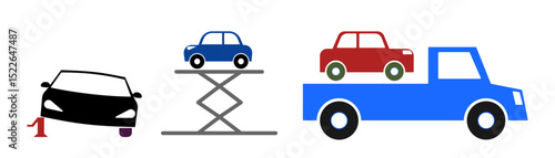 
Vector Illustration of Car Breakdown and Towing – Vehicle on Jack, Lift, and Tow Truck in Auto Service Concept. 

