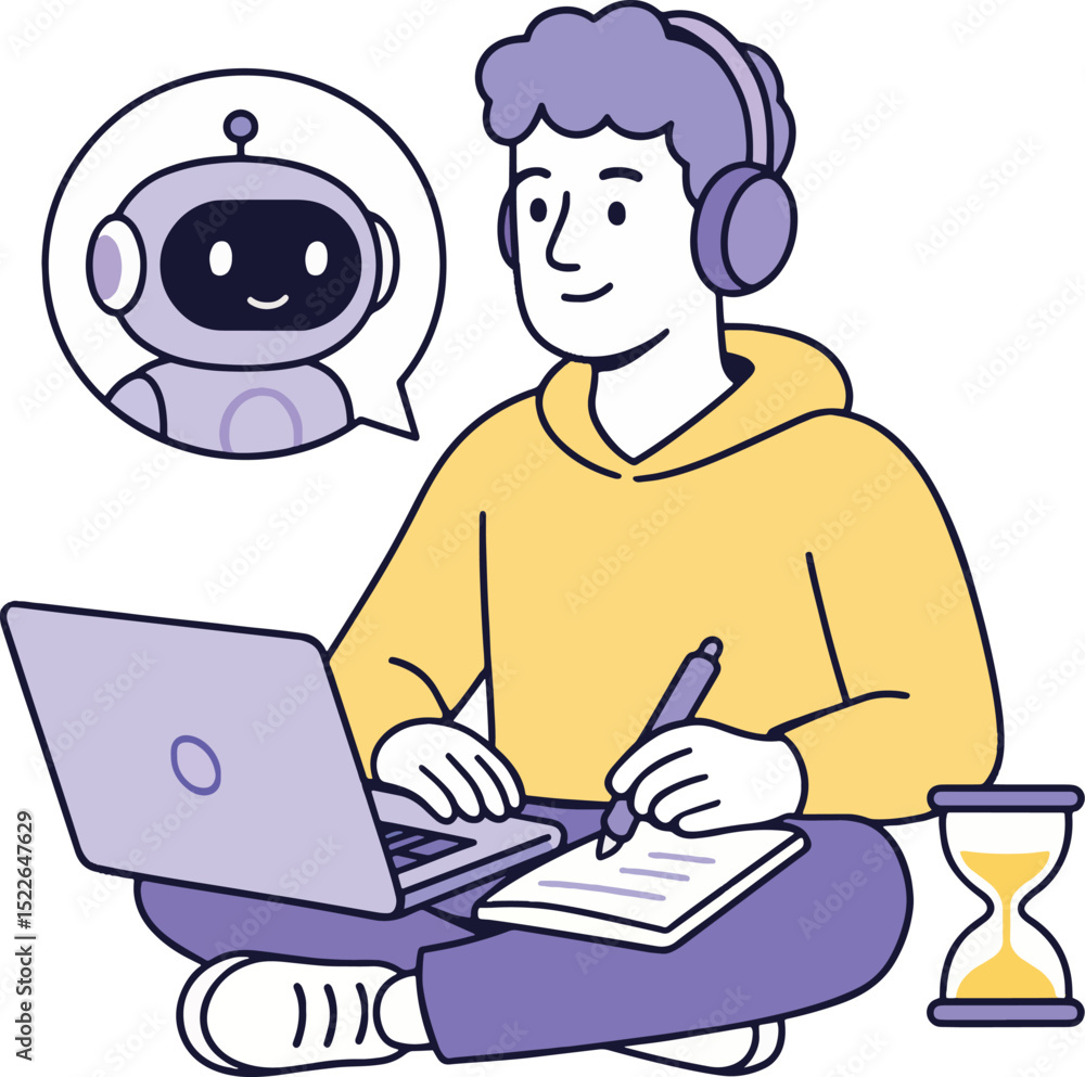 Online Education Vector Illustration of a Student with a Robot Tutor. Online Education Vector Illustration of a Student with a Robot Tutor.