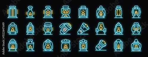 Bright neon icons representing various kerosene lamps and flashlights, illuminating the darkness