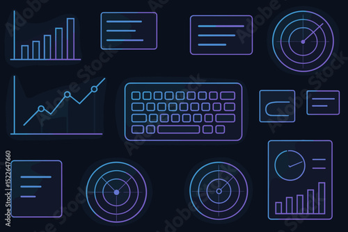 Futuristic digital dashboard featuring graphs, charts, and data representation in vibrant neon colors
