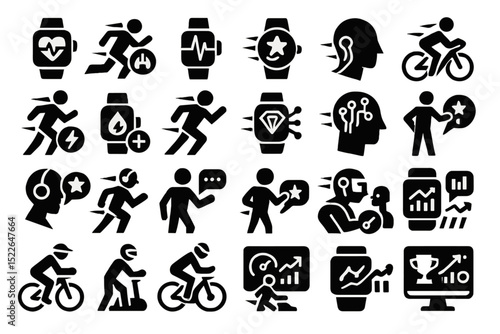 Variety of fitness and health monitoring icons showcasing activities and technology at a digital health expo