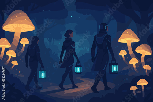 Exploration in a luminous forest with glowing mushrooms during a clear night