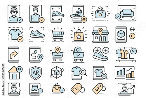 Collection of various icons representing modern shopping, technology, and augmented reality in a grid layout