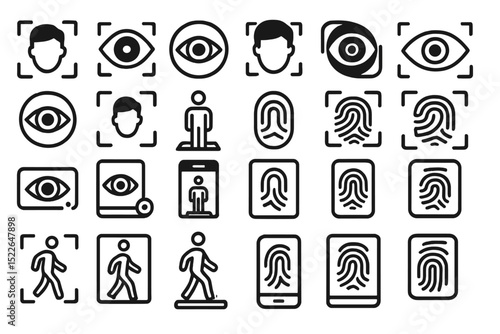 Biometric security icon set with face, eye, fingerprint, and gait scan symbols