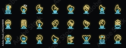 Neon icons of broken lightbulbs symbolizing a lack of ideas, creative block, and the end of innovation