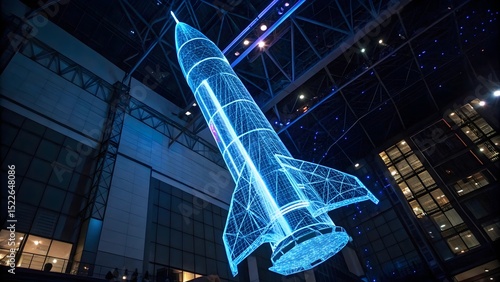 Futuristic rocket ship wireframe illuminated blue