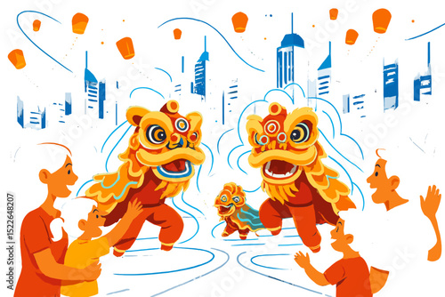 Celebration of the lion dance in a bustling city with families and colorful lanterns at dusk