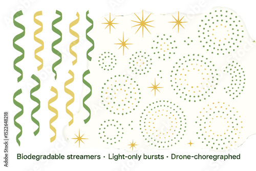 Biodegradable streamers and light-only bursts designed for a drone show in a festive outdoor setting