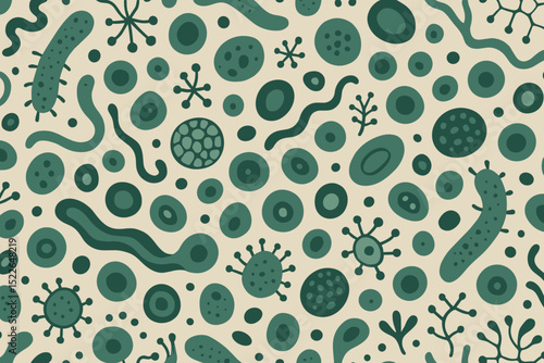Colorful abstract pattern of microorganisms and bacteria in green tones on a light background
