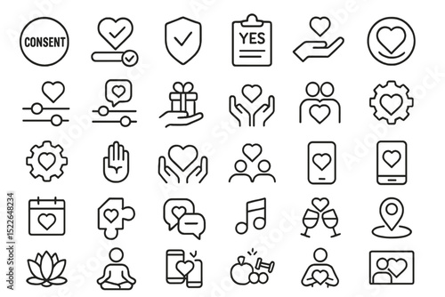 Icons representing love, consent, and connection in various activities and situations