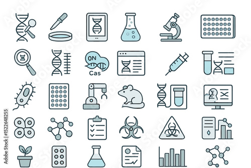 Collection of laboratory icons depicting various scientific concepts and tools in a clear arrangement on a white background