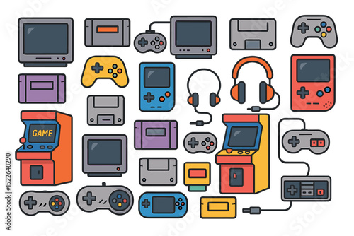 Colorful collection of video game consoles and accessories arranged in a fun retro style