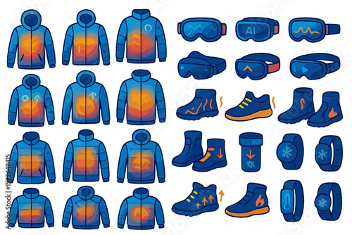 Variety of winter apparel and gear designed for cold weather activities in vibrant blue shades