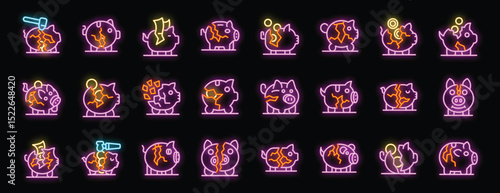 Neon piggy banks displaying various financial symbols and actions