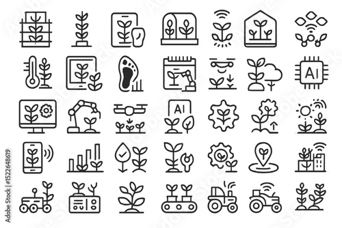 Innovative agricultural technology icons showcasing smart farming methods and environmental sustainability trends