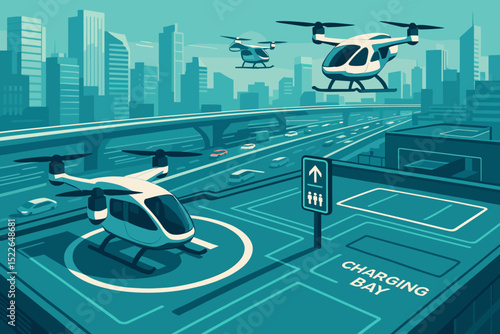 Futuristic city with flying taxis landing on rooftop charging pads