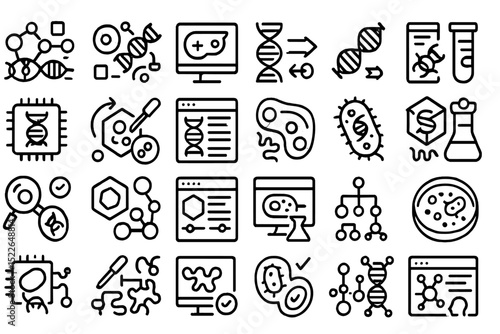 Modern biotechnology concepts represented through various scientific icons including DNA, cells, and laboratory equipment