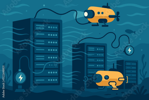Underwater servers being explored by submarines with glowing connections and aquatic surroundings