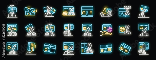 Neon icons illustrate scissors cutting credit cards, symbolizing financial decisions like closing accounts, canceling debt, or refusing further payments