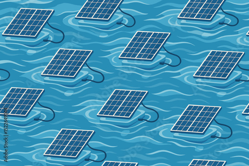 Floating solar panels in a water body harnessing renewable energy on a bright afternoon