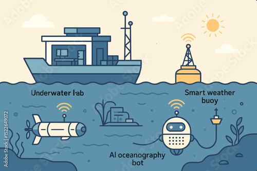 Innovative ocean technology featuring underwater lab, smart buoy, and AI bot for research and weather monitoring