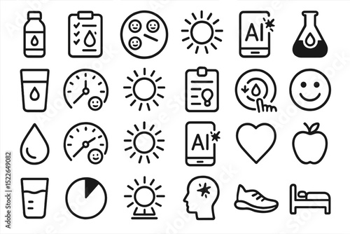 Icons representing health, wellness, and technology in a modern lifestyle setting