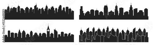 Urban skyline silhouettes with modern skyscrapers cityscape and landmark buildings, vector illustration. Includes clock tower, varied rooflines and architectural forms in black.